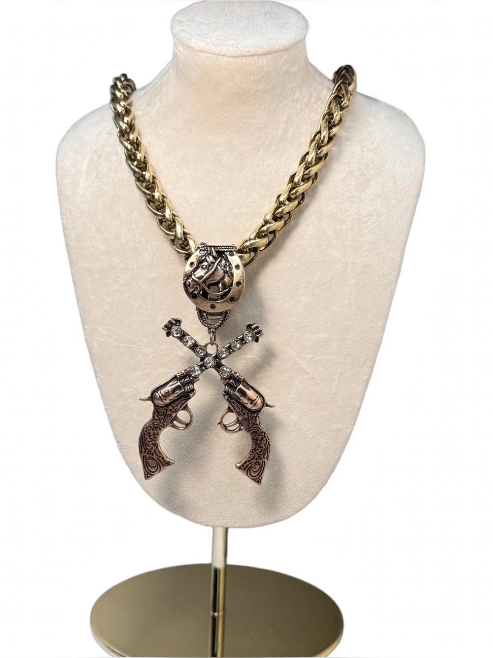 Dueling Pistols Gold Chunky Necklace • Western Horseshoe Charm • 18” + 4”